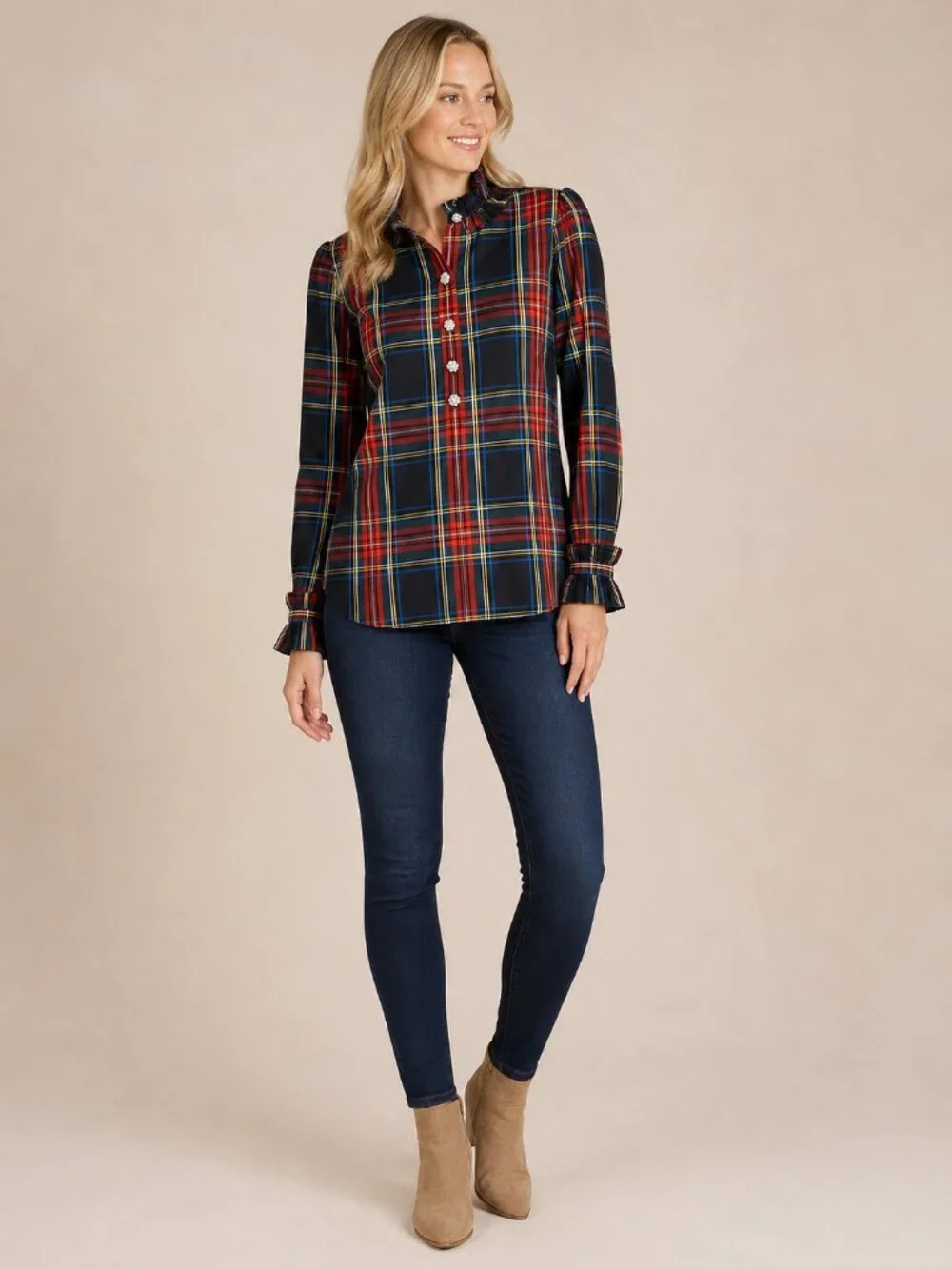 2/$30 J. Crew Classic-fit Ruffleneck Jewel-Button Popover Stewart Tartan #A3151